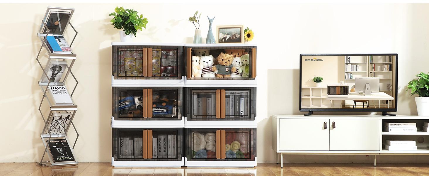 300QT Plastic Storage Bins With Lids, 75Gal Stackable Boxes With Wheels and Doors, Folding Closet Organizers, Cabinet for Closet Home Dorm, 3 Pack Brown