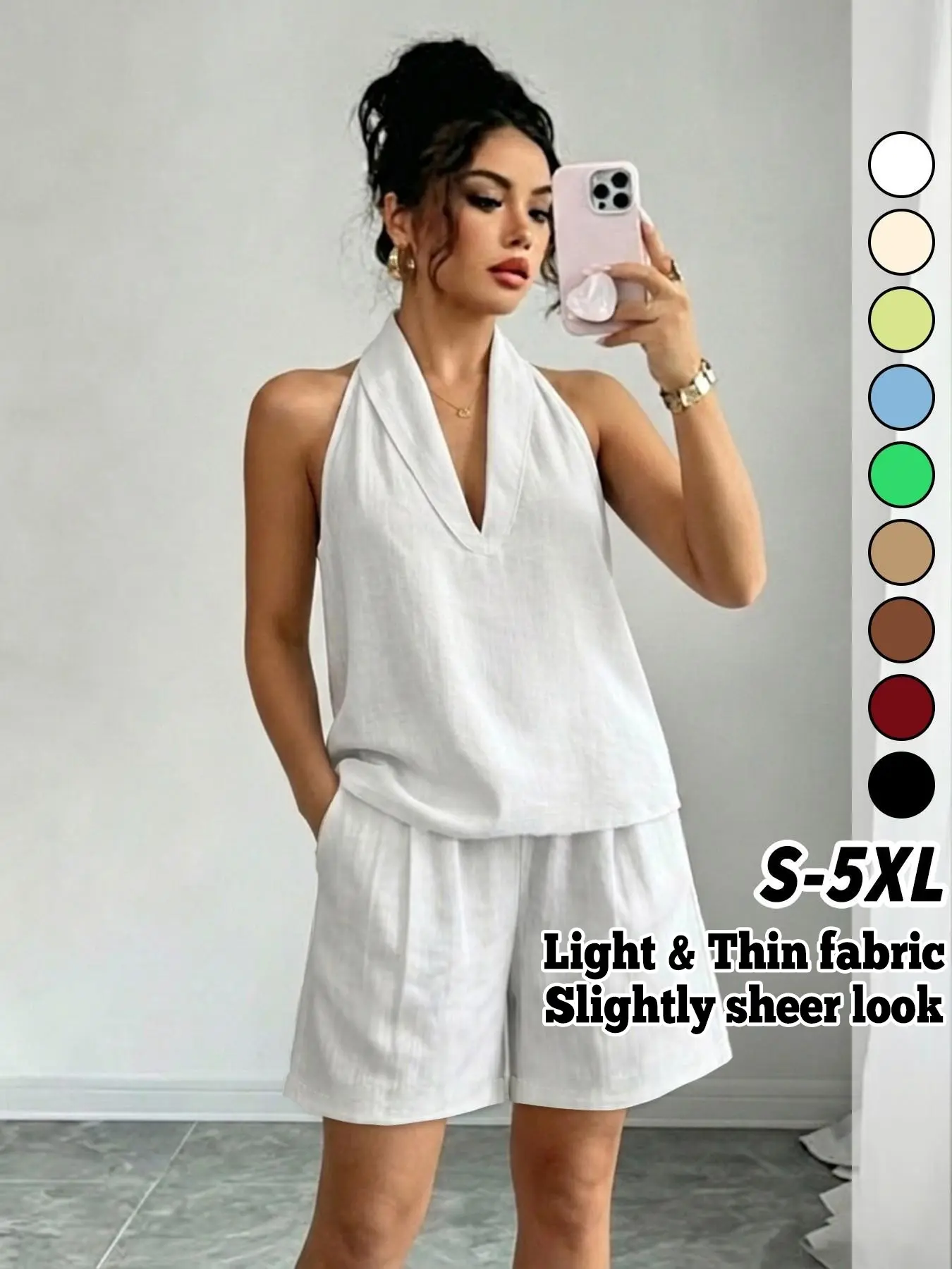 Women’s Linen Look 2 Piece Matching Set – Draped Cowl Neck Sleeveless Top & Pocket Shorts | Relaxed Vacation Resort Summer Outfit