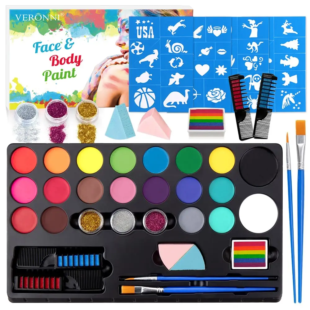 Veronni 7-Piece Face and Body Paint Set, 20 Colors Oil-Based, 3 Glitter Shades, Rainbow Watercolor, Hair Brush, Sponge, Stickers, Brushes Set，Can be used for Halloween/stage/party facial and body makeup