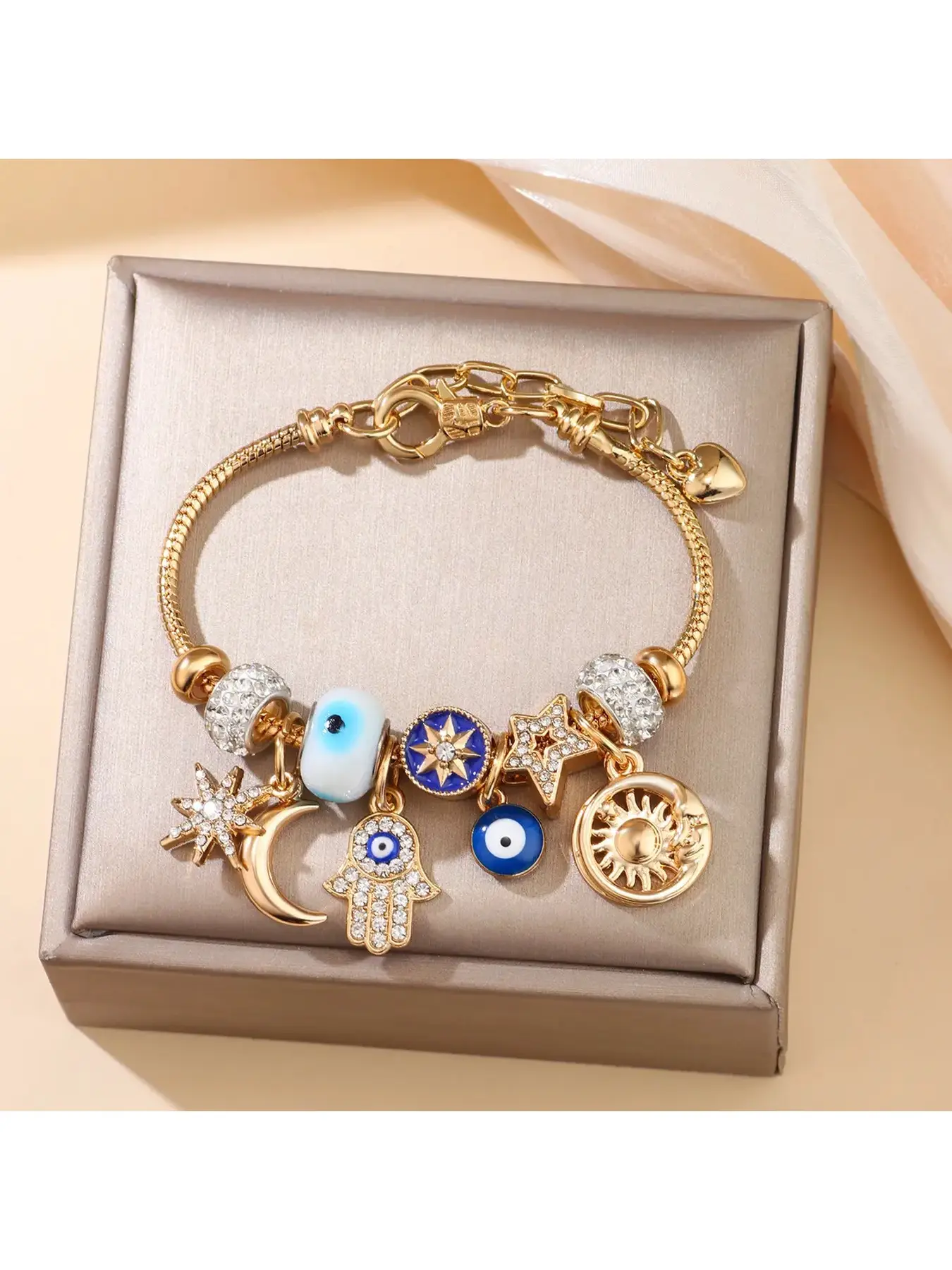 Celestial Charm Bracelet for Women |   Moon, Hamsa Hand, Evil Eye & Tree of Life Charms |   Gold Adjustable Chain |   Fashion Jewelry Gift