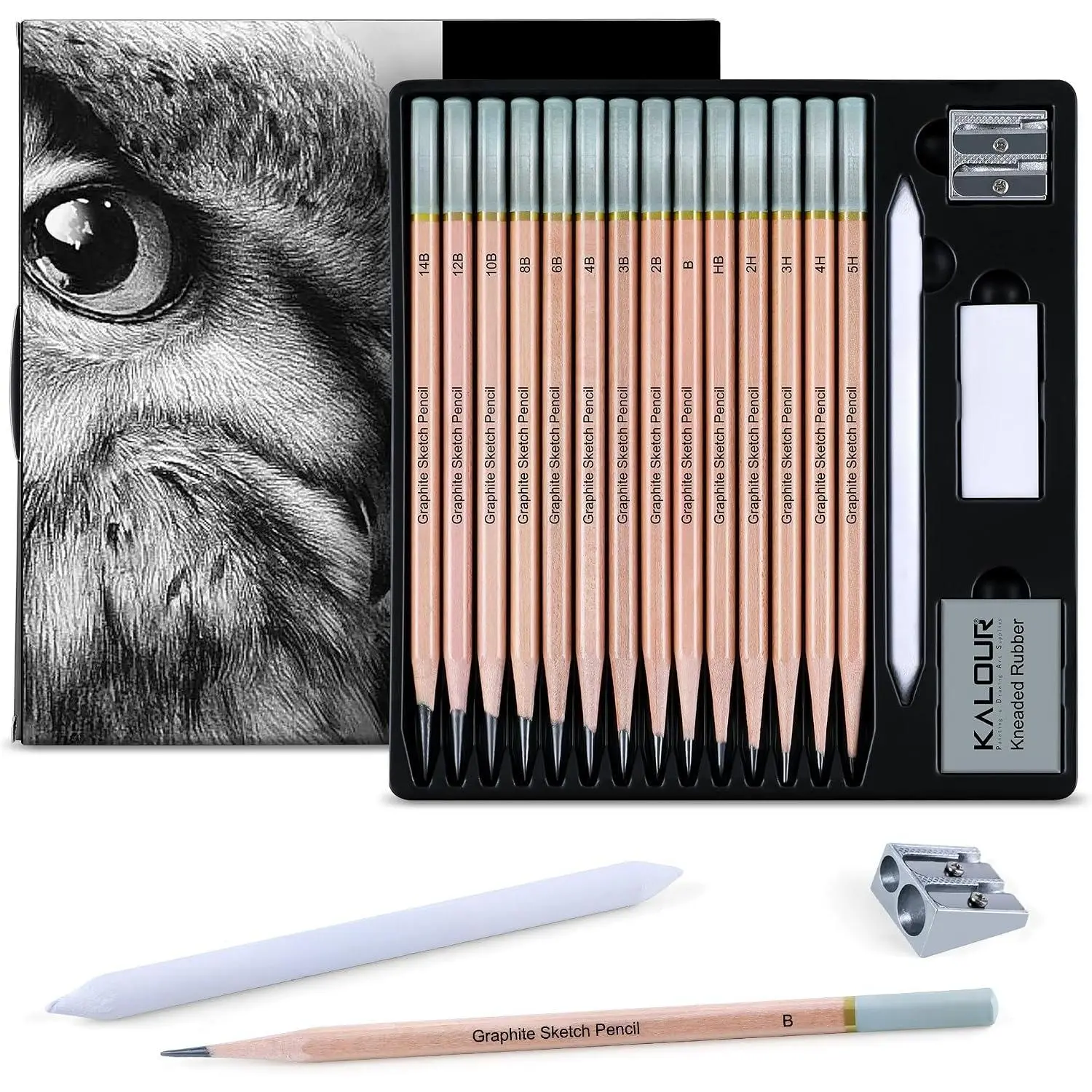 18-Piece Professional Sketch Pencil Set for Sketching Drawing - 5H to 14B Graphite Pencils, Vinyl Eraser, Kneaded Eraser, Sharpener, Paper Blending Stump - Ideal for Artists, Beginners