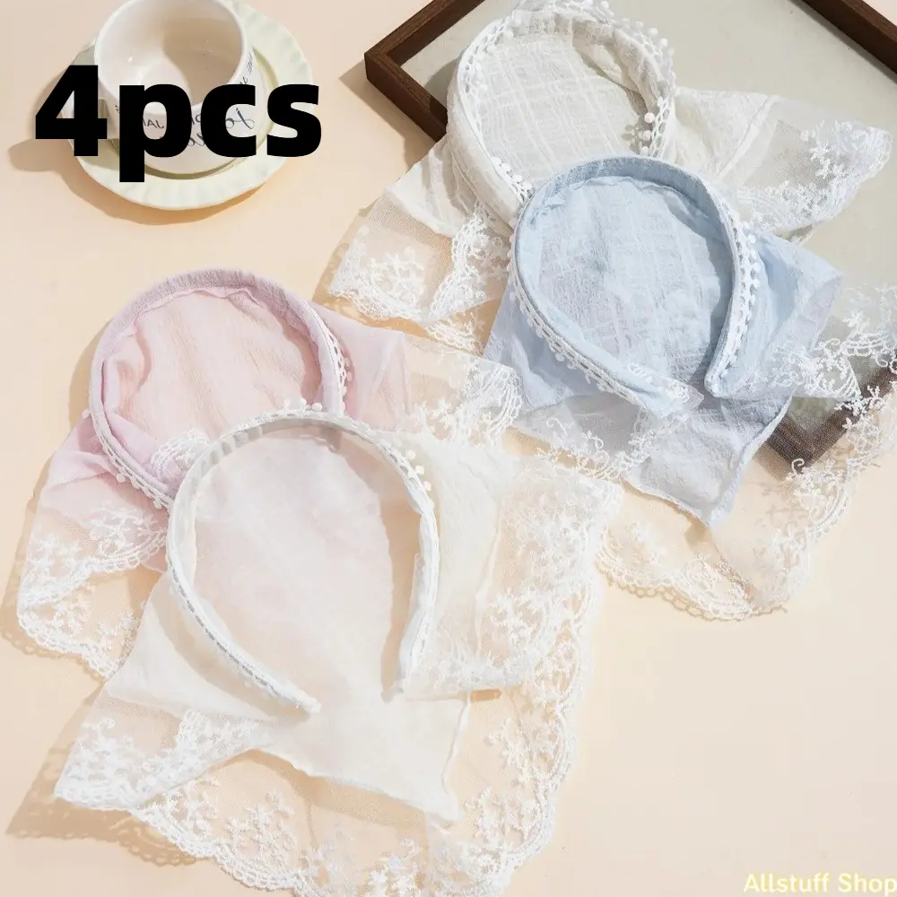 Women's 4-Piece Fabric Mesh Embroidered Lace Edging Hair Accessories Set - Triangular Scarves, Headbands, Bang Fixer, Secure Hold, Solid Color, Cute Daily Female Sports Travel Accessories for Women, Casual, 4 & Above, Four-Piece Set