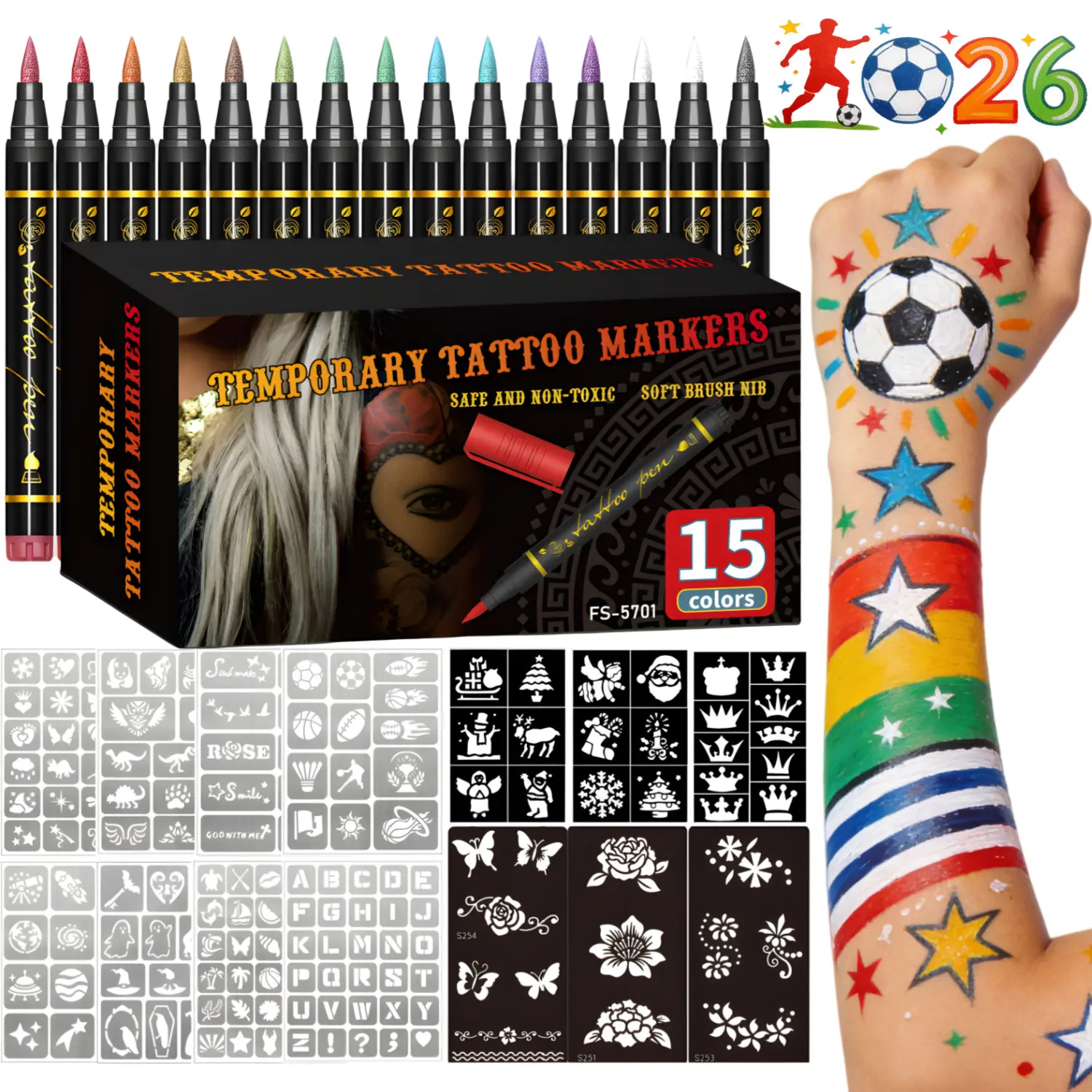 Temporary Tattoo Markers for Skin, Skin Safe, 10/15-Count Body Markers Body Art 10/15-Color Tattoo Pens, Flexible Brush Tip, Soft Brush Tip, Bright Colors, Cosmetic Quality Face Paint Kit, Perfect Christmas Gifts