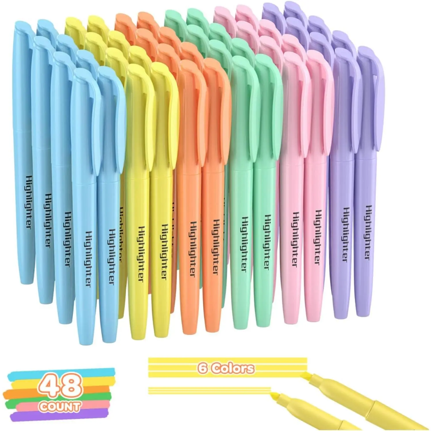48 Count Pastel Highlighters Bulk - 6  Soft Colors, Chisel Tip, No Bleed & Quick Dry, Ideal for Note Taking, Studying, School, Office, Student & Teacher Supplies