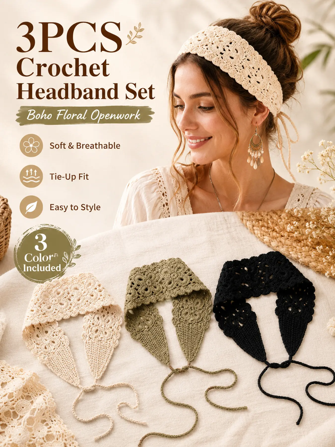 3Pcs Boho Crochet Headbands for Women Floral Hollow Knit Hair Bands Vintage Tie Back Bandana Hair Scarf, Soft Wide Braided Head Wraps, Cute Handmade Style Hair Accessories for Girls Women, Daily Wear Beach Vacation Festival Party Outfit