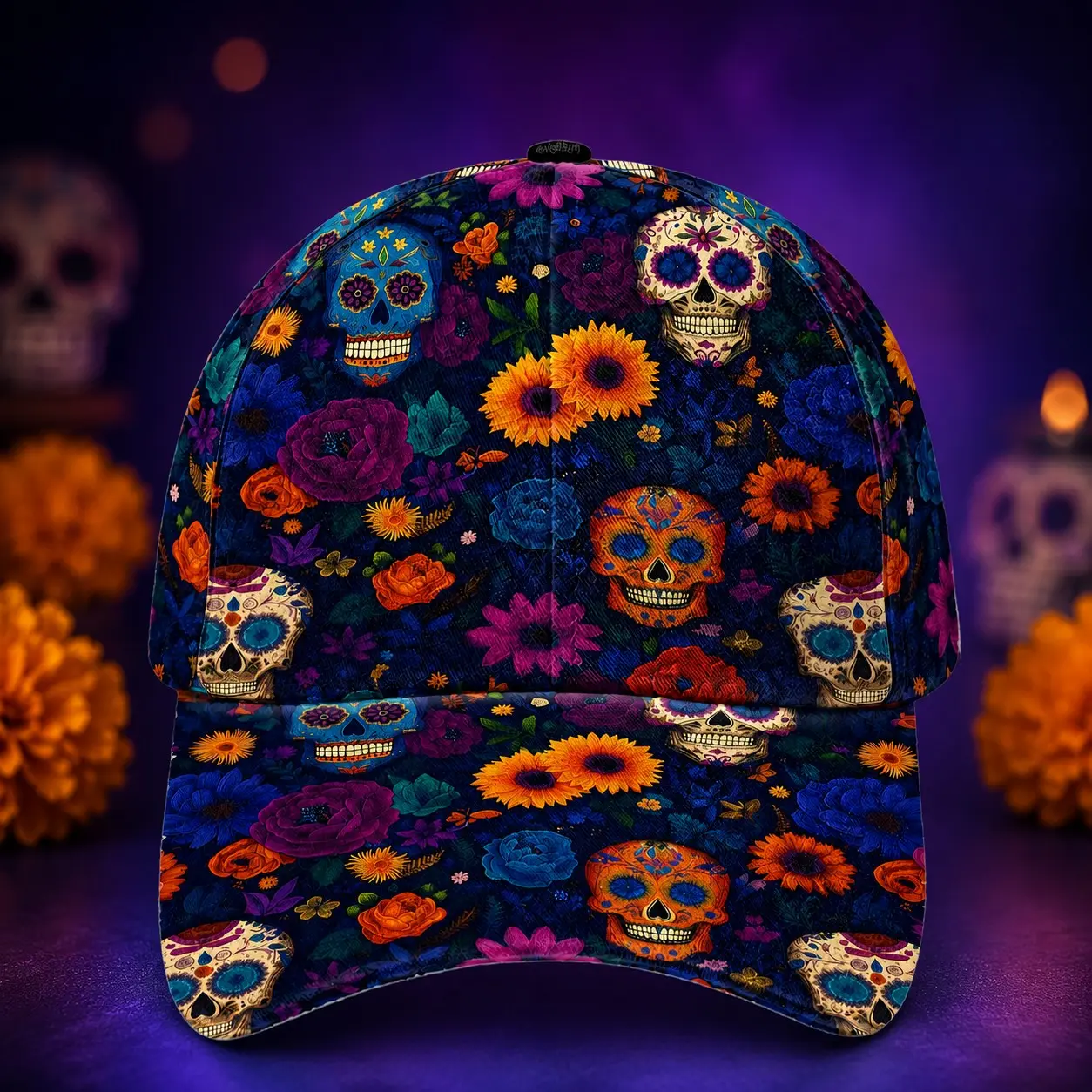 Mexican Calavera Skull Baseball Cap - All-Over Floral Print Adjustable Sun Hat, Great Halloween & Day of the Dead Gift, Unisex Outdoor Casual Hat
