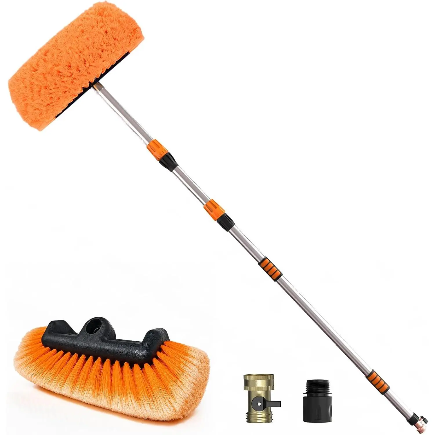 12FT  Wash Brush with Long Handle, 12-Inch Soft Bristle  Cleaning Brush for Cleaning RV, , Boat, Solar Panels, Orange
