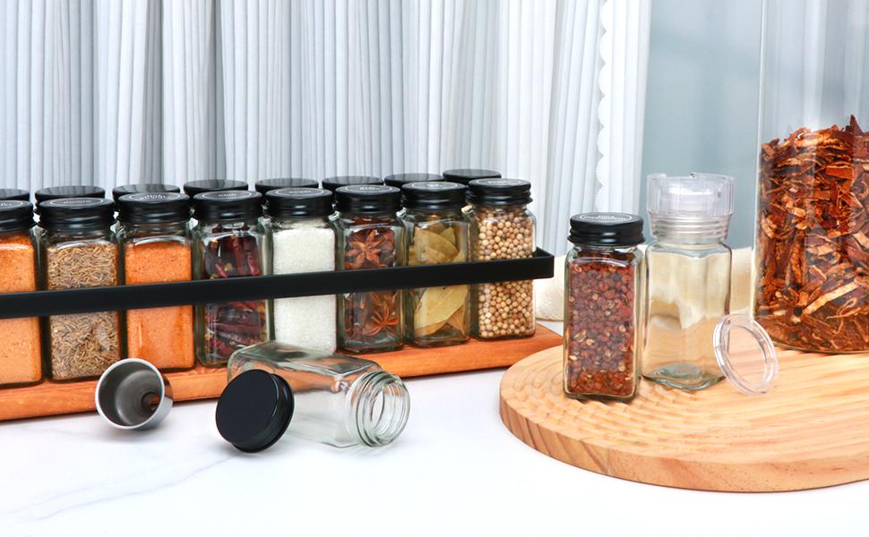 24pcs Spice Jars with180 Labels,Glass Spice Jars, Seasoning Containers,Seasoning Organizer,Include black metal lid, pen, grinder, stainless steel funnel, two type inner plugs