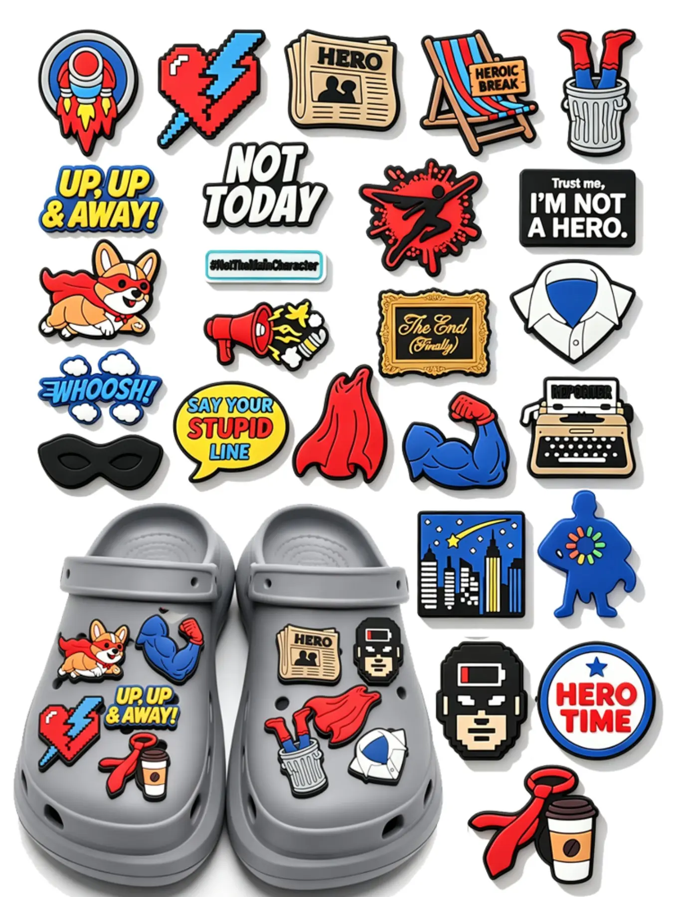 Hero Justice Story PVC Cartoon DIY Shoe Buckles, Perfect for Family Gatherings, Christmas Parties, Birthday Gifts, 9/12/25/50/100 Pieces Set