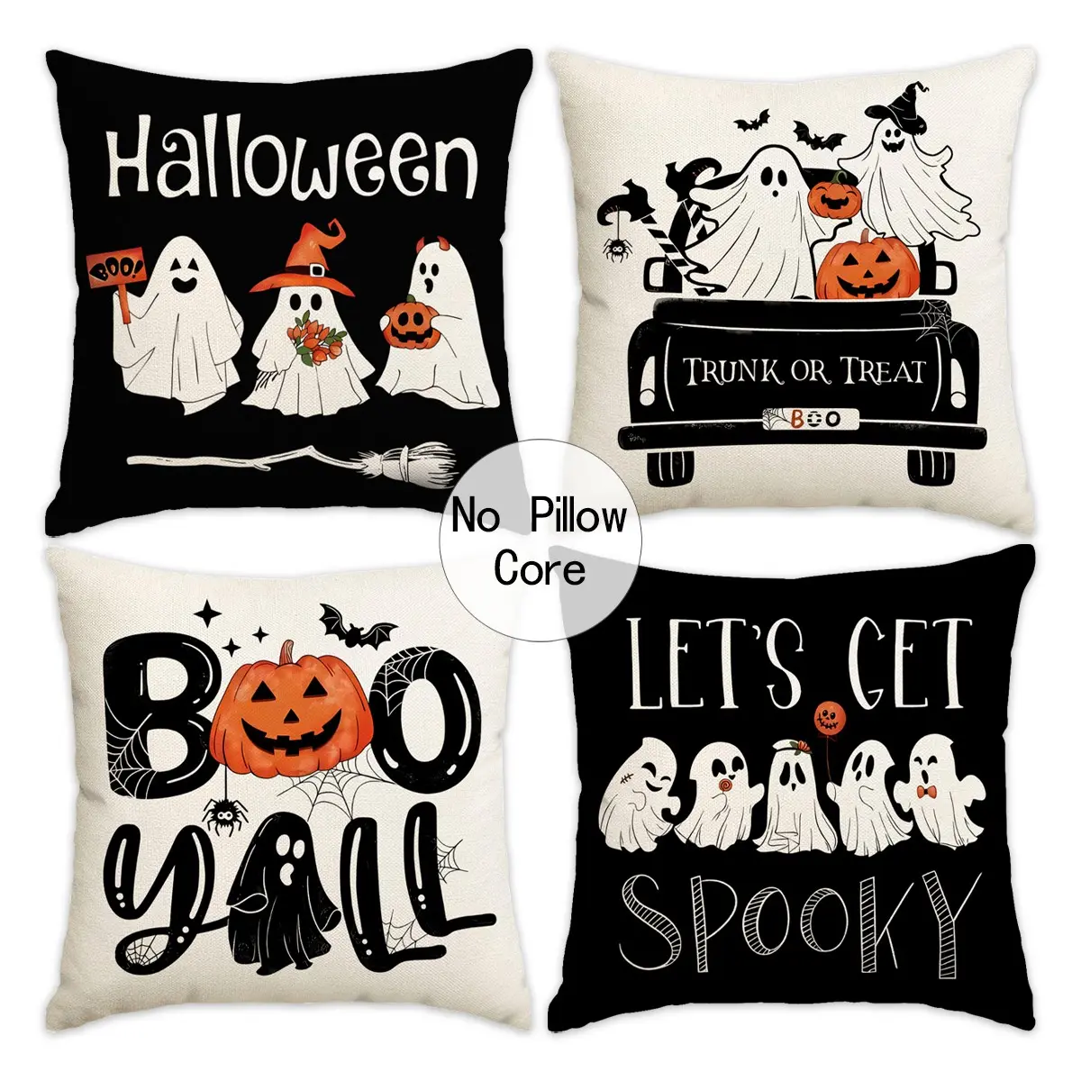 4pcs Halloween Pillow Set, Ghost, Pumpkin Head, Witch, Bat Printed Sofa Cushion Set, Happy Halloween Trunk or Treat Party Decoration Pillow Set, Suitable for Bedroom, Living Room, Sofa, Farmhouse, Bed, Car Decoration Pillow Set (No Pillow Core)