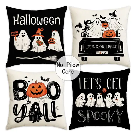 4‑Pcs Halloween Pillow Cover Set, Ghost, Pumpkin, Witch‑Hat, Bat & Spider Printed Sofa Cushion Covers, for Happy Halloween Trunk or Treat Party Decor, Suitable for Bedroom, Living Room, Inserts Not Included