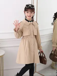 Girls' Spring Summer Windbreaker Coat, Fashionable British Style Outerwear, Anti-Wind Design, Button Detail, Simple and Stylish