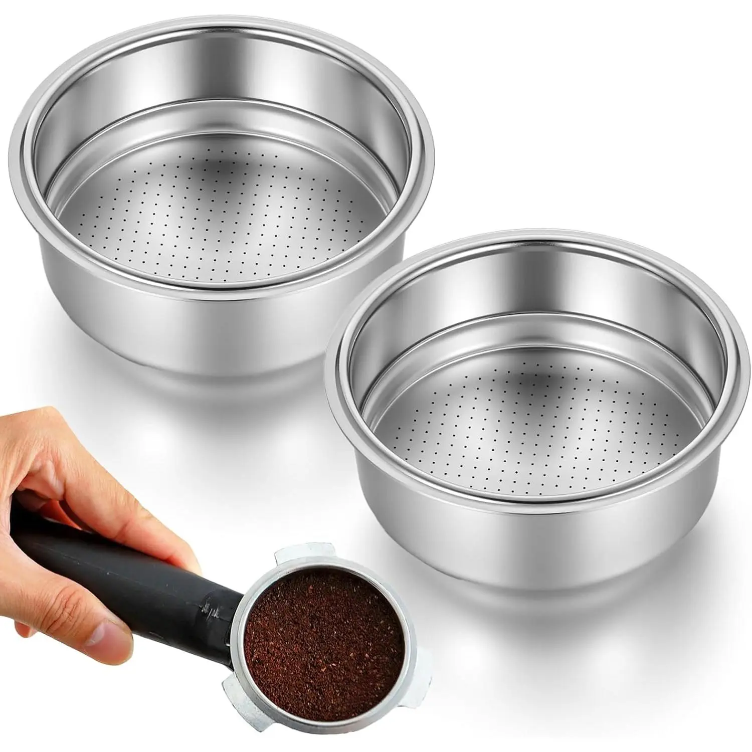 2 count Stainless Steel Coffee Filter, 51mm Pressurized Espresso Filter Basket for Portafilter Machines Espresso Machine  Compatible with 51mm Portafilter Coffee Machines (1 Cup+2 Cups)