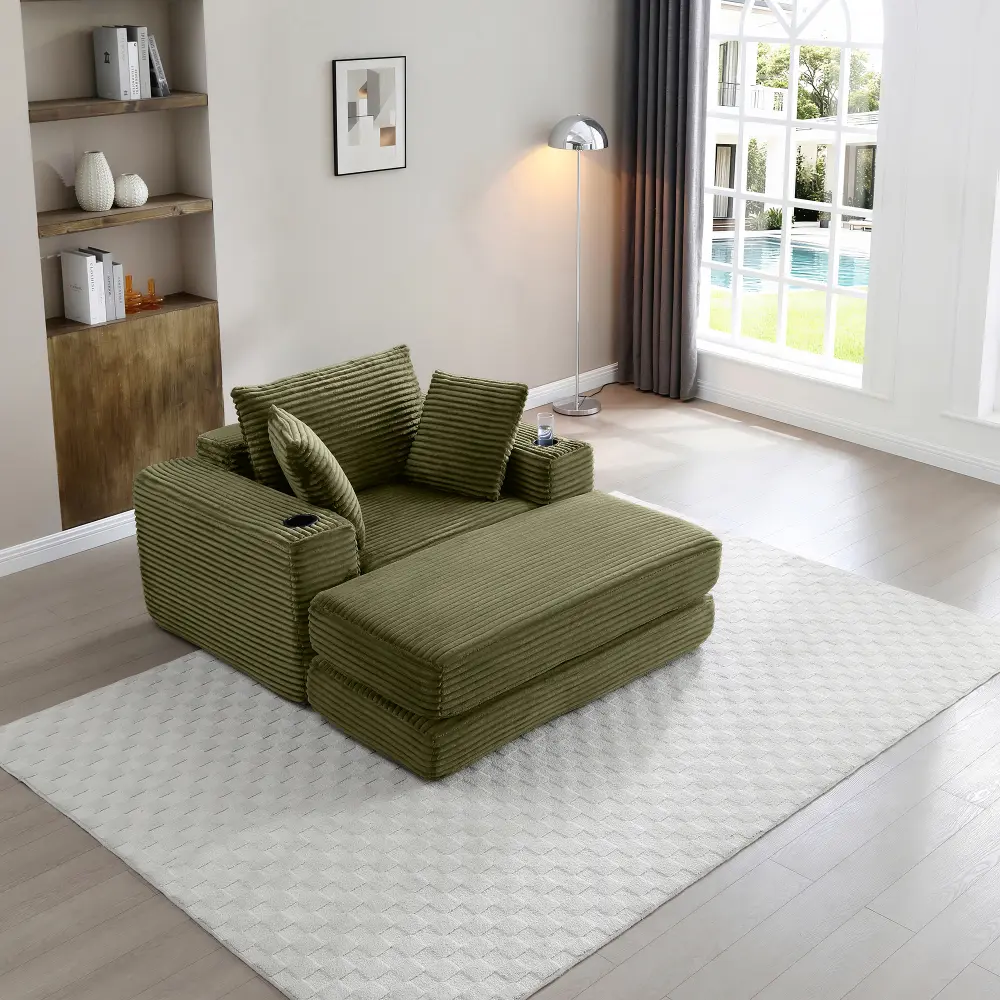 Littleox 52.4'' Boneless Chaise Lounge Chair Indoor-Oversized Cloud-Like Cozy Comfy Modular 3-in-1 Sofa Bed for Reading, Living Room & Bedroom Corduroy Couch Sleeper,Green