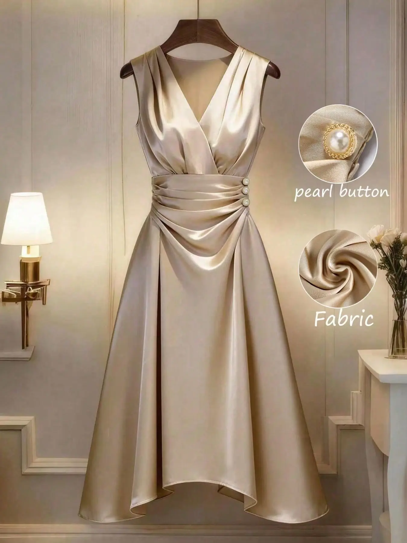 Plus Size Champagne Satin Dress, Sleeveless Cross V Neck, Pearl Button Waist Ruched, Long Evening Gown, Wedding Guest, Party, Photoshoot