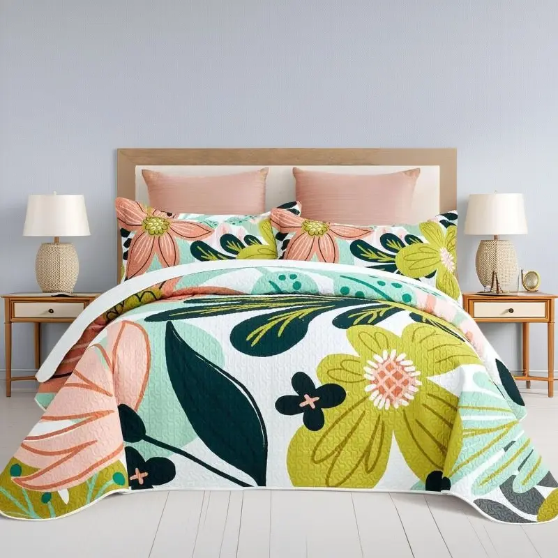 Boho Floral Botanical Comforter Set Full Queen Size 90"x96", 3 Piece All Season Microfiber Marshmallow Soft Reversible Bed Bedding Set With 2 Pillow Shams Mid Century Bedroom Decor