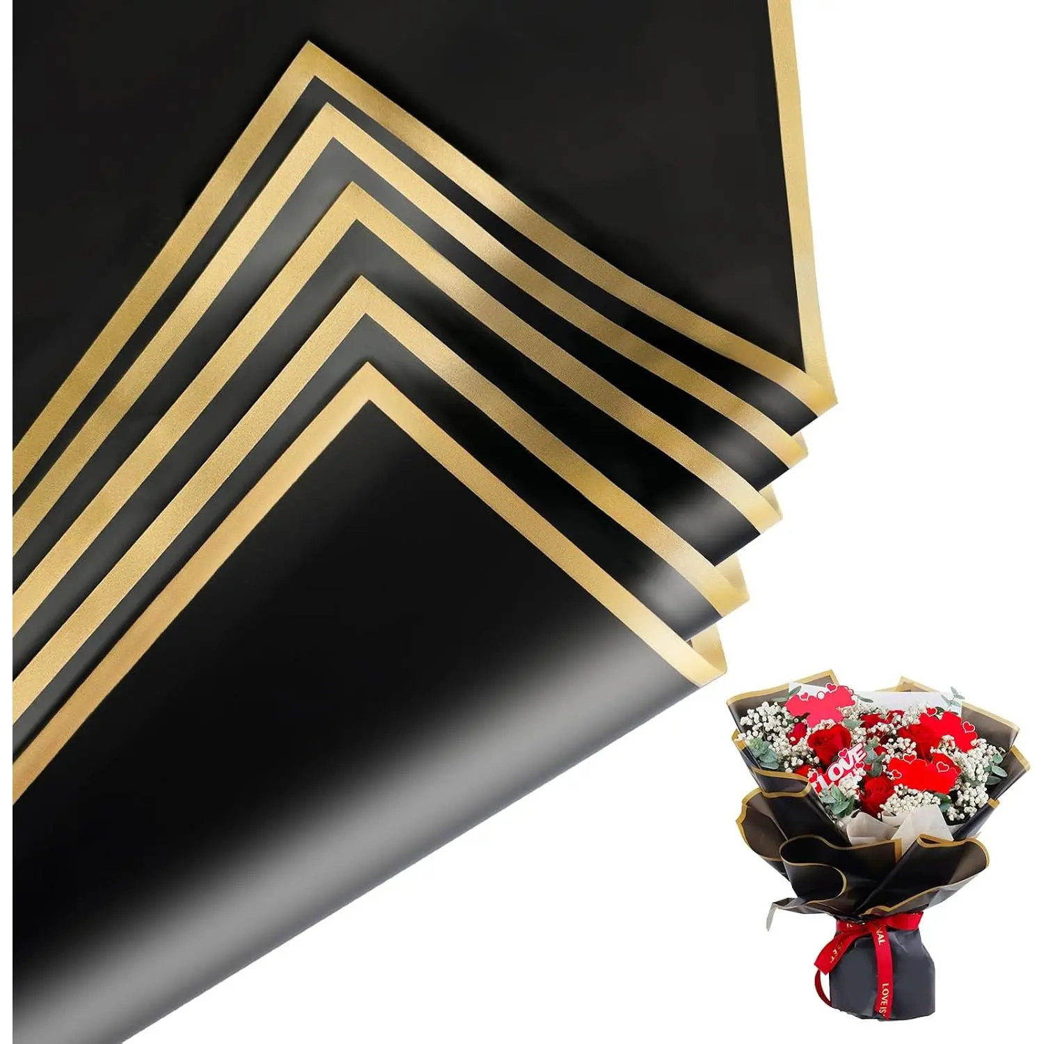 20-Sheet Square Floral Wrapping Paper, Waterproof Gold-Edge Black Bouquet Packaging, 22.8x22.8", Florist Supplies for DIY Gift Boxes, Wedding Gifts, Square Sheet