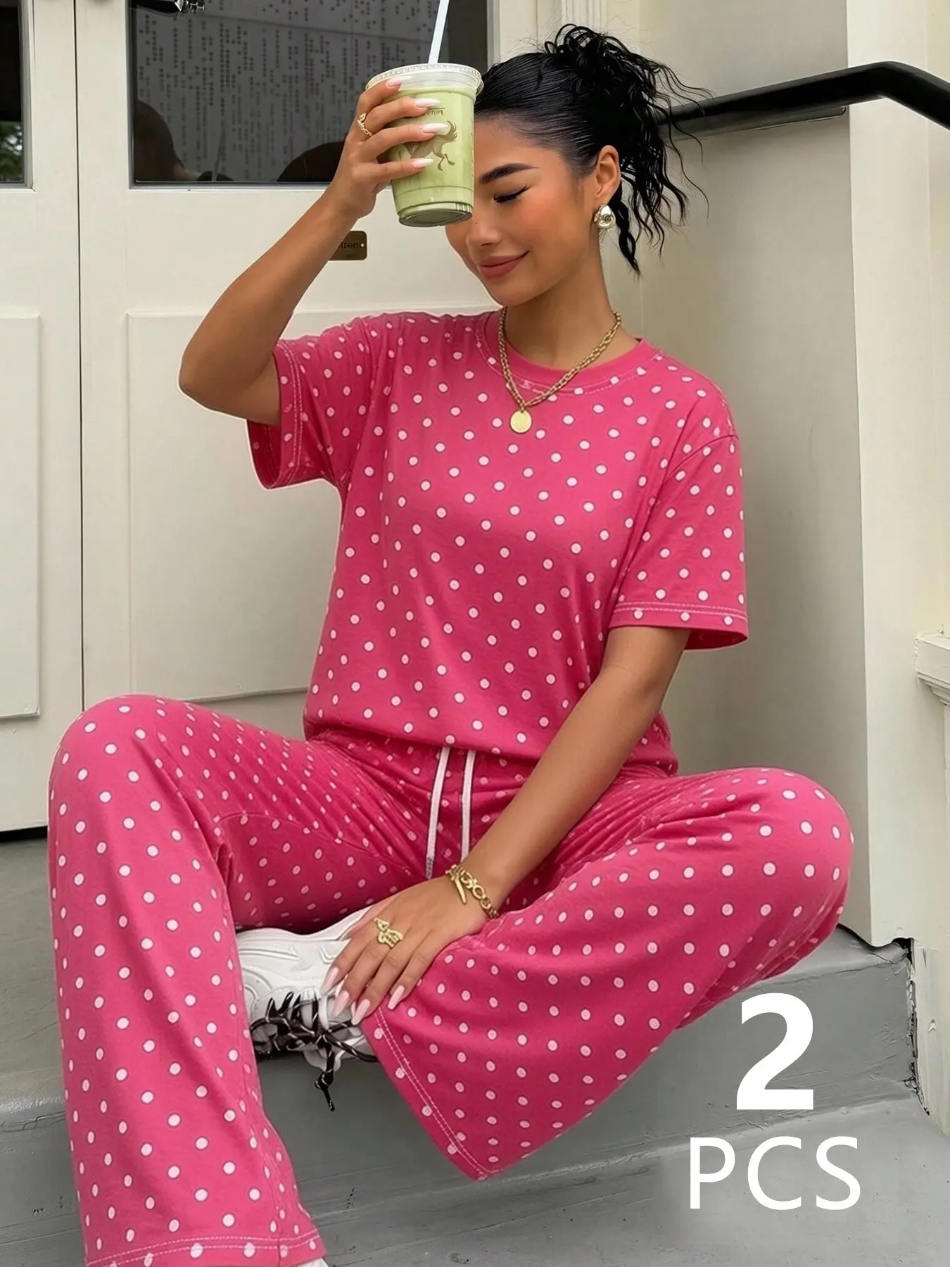 Women's Polka Dot Graphic Tee and Pants Set, Casual Loose-Fit Street Style, Summer Vacation, 2-Piece Suit, Matching