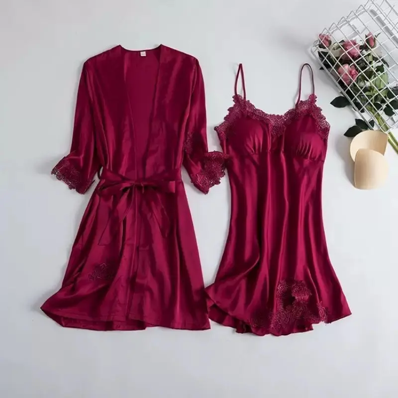 Satin Stretch Two-Piece Loungewear Set With Padded Camisole Dress & Robe European Style