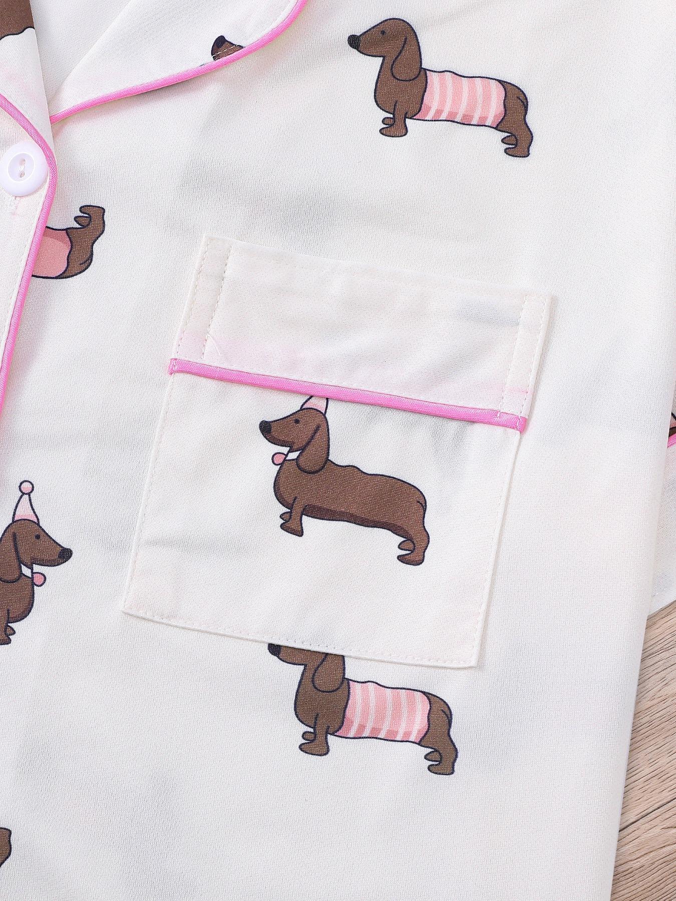 Women's All Over Dachshund Print Shirt & Elastic Waist Shorts Pyjama Two-piece Set, Casual Comfy Short Sleeve Collared Top & Shorts PJ Set, Ladies Sleepwear for All Seasons, Loungewear, Pajama Set, Pajamas