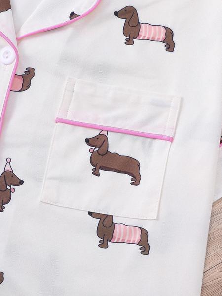 Women's All Over Dachshund Print Shirt & Elastic Waist Shorts Pyjama Two-piece Set, Casual Comfy Short Sleeve Collared Top & Shorts PJ Set, Ladies Sleepwear for All Seasons, Loungewear, Pajama Set, Pajamas