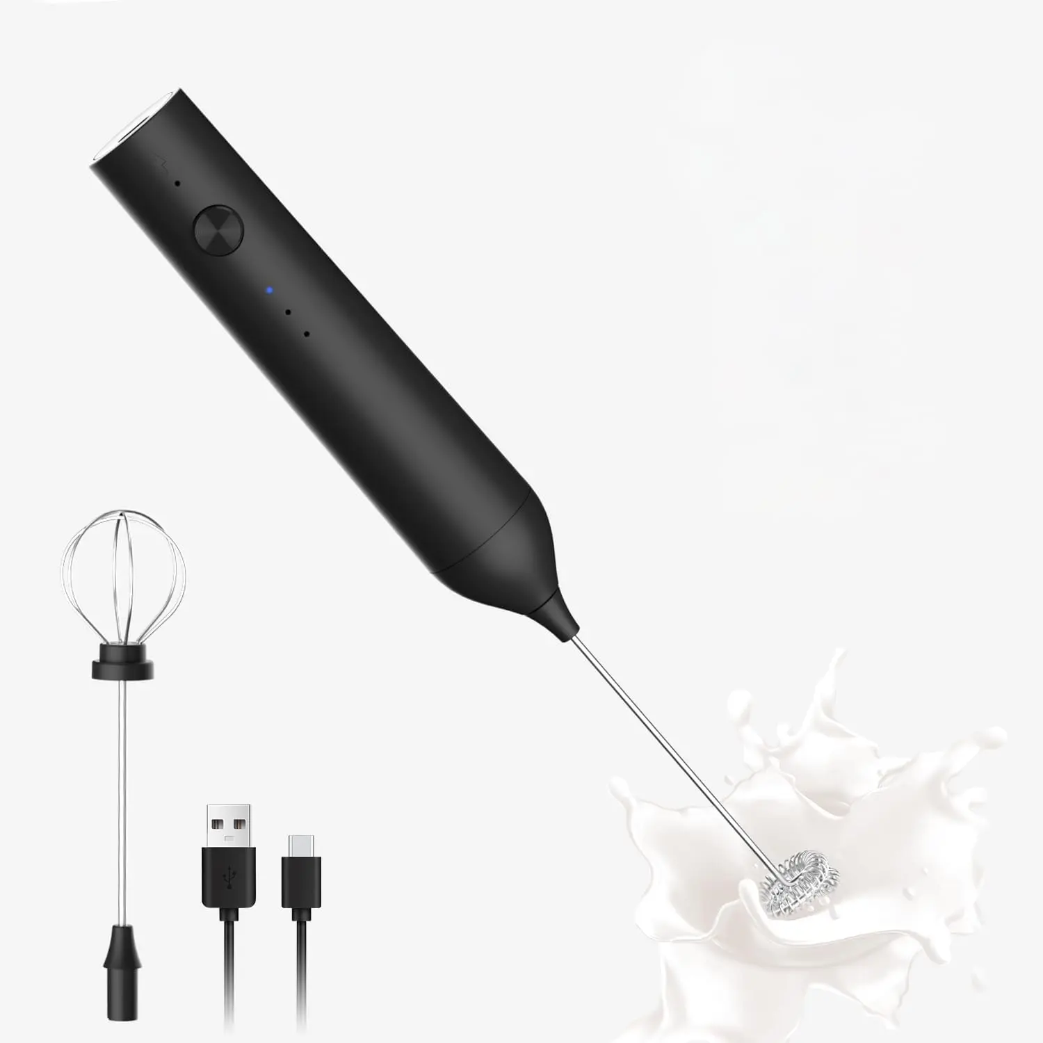 Rechargeable Milk Frother Handheld, 3-Speed Electric Whisk Frother Wand with Egg Whisk Attachment for Coffee, Matcha, , Latte & Cappuccino(Black without Stand)