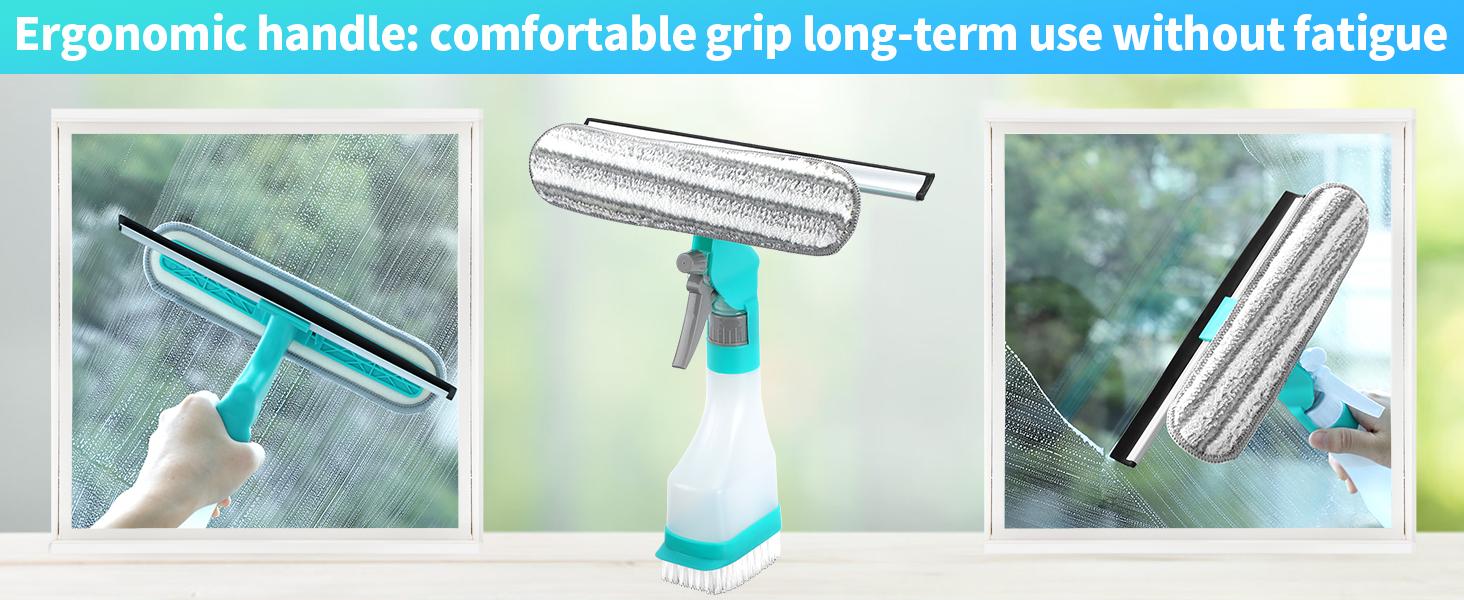 Window Cleaning Tool with Spray Bottle 4-in-1 Set Multi-Purpose Rubber Squeegee and Microfiber Cleaning Head for Dirty Indoor Glass Cleaner
