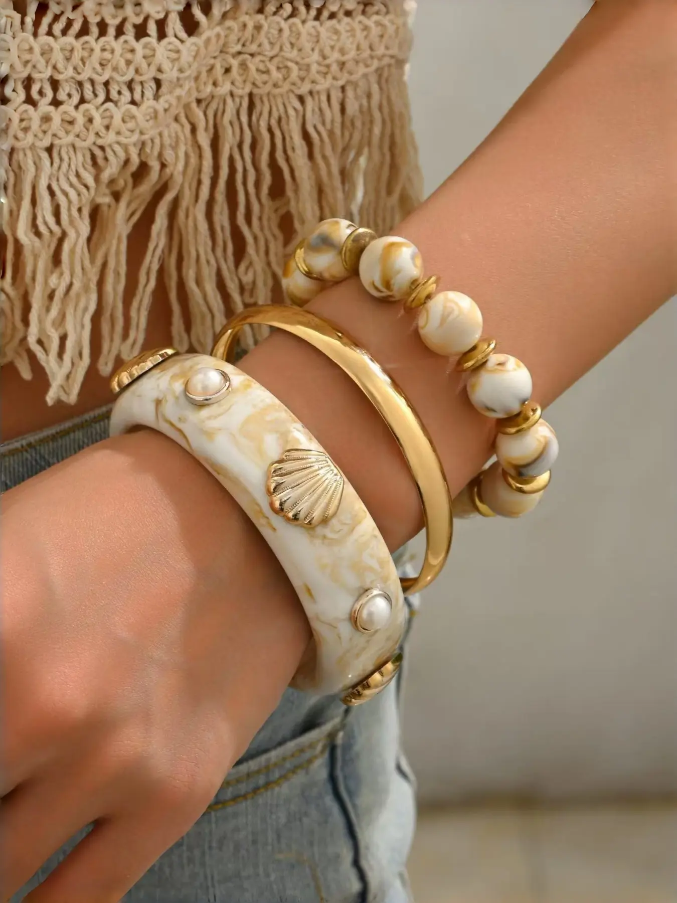 Boho Style Shell Pearl Resin Beaded Bracelet Set, Bold Layered Design, 3-Piece Bead Combination Wristband, Fashionable Jewelry Accessory