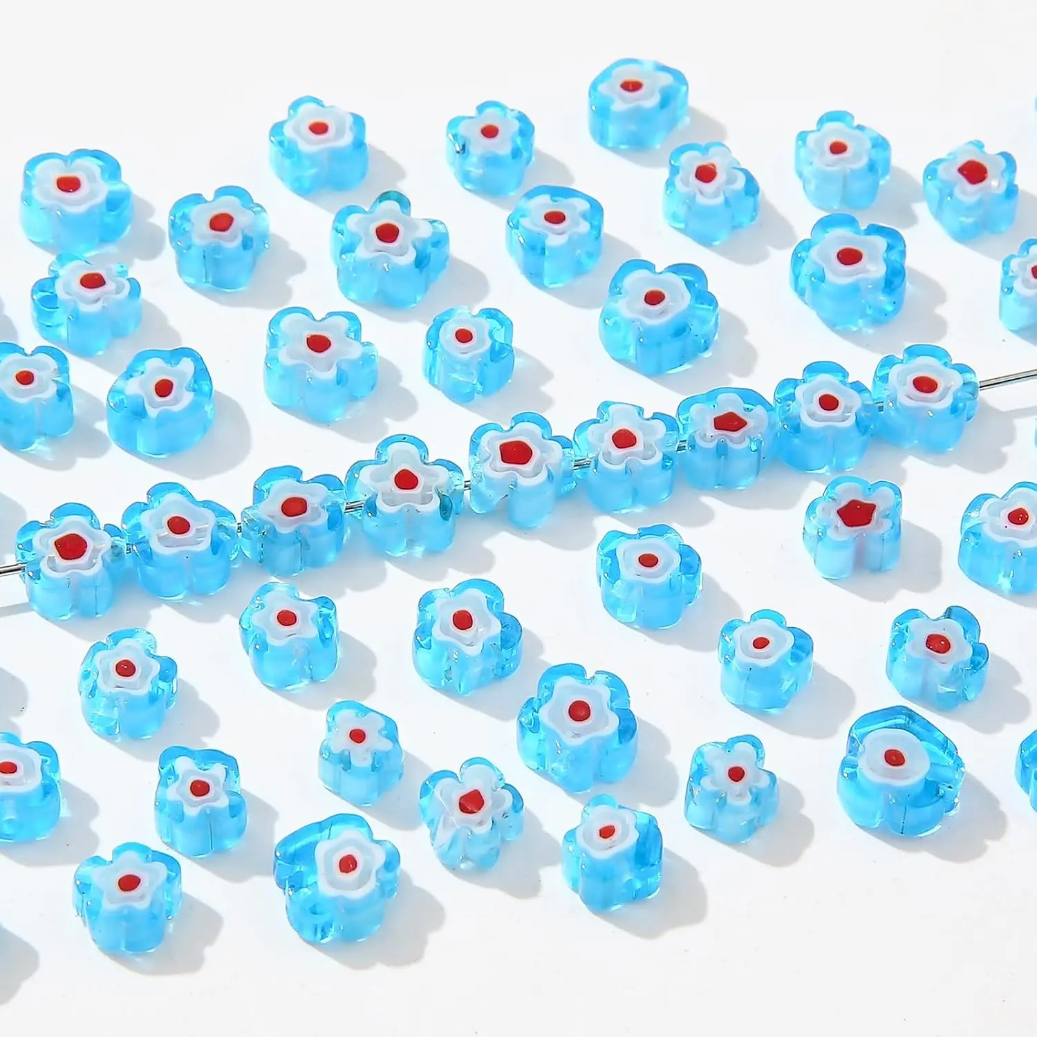 58 count  Millefiori Lampwork Glass Beads Daisy Flower Beads  Glass Flower Beads for Necklace Bracelet Key Chains  DIY Craft Making (Lake Blue&red)
