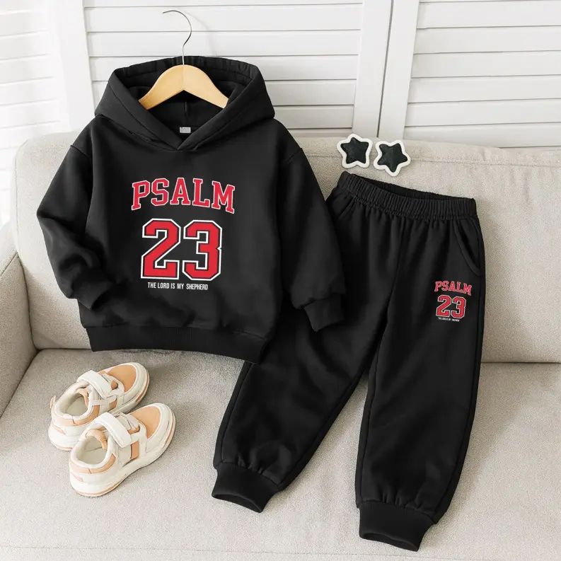 Kids' Unisex Psalm 23 Print Hoodie Tracksuit Cohesive Set - Fleece-Lined Sweatshirt & Fitted Cut Matching Pair Joggers, Fall & Winter Indoor/Outdoor Casual Unisex Wear Outfit