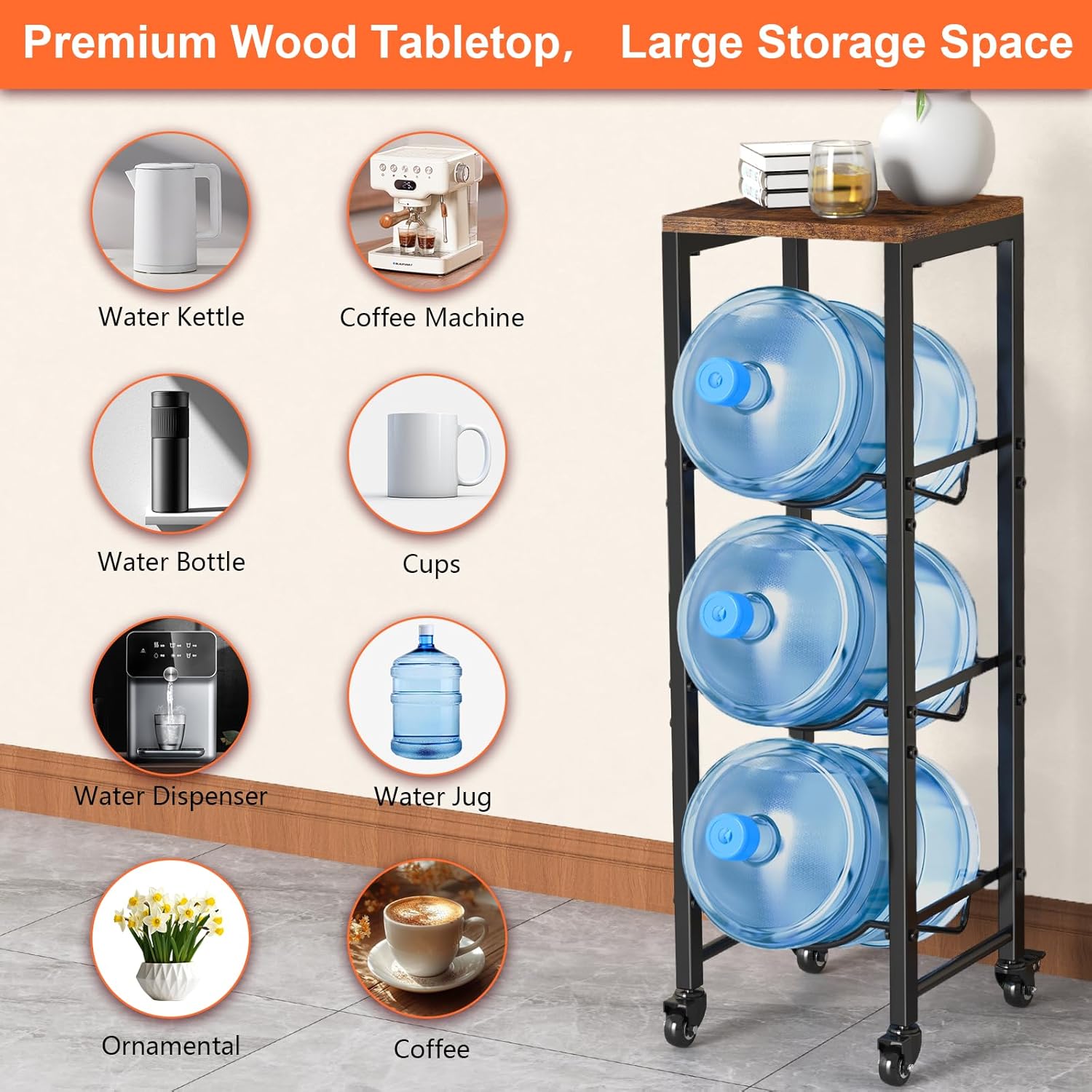 5 Gallon Water Bottle Jug Holder 3-Tier Water Bottle Holder Organizer with Lockable Casters Heavy Duty Water Storage Rack Water Dispenser Stand With Top Shelf for Kitchen Office Garage Brown 5 Gallon Water Bottle Jug Holder 3-Tier Water Bottle Holder Organizer with Lockable Casters Heavy Duty Water Storage Rack Water Dispenser Stand With Top Shelf for Kitchen Office Garage Brown