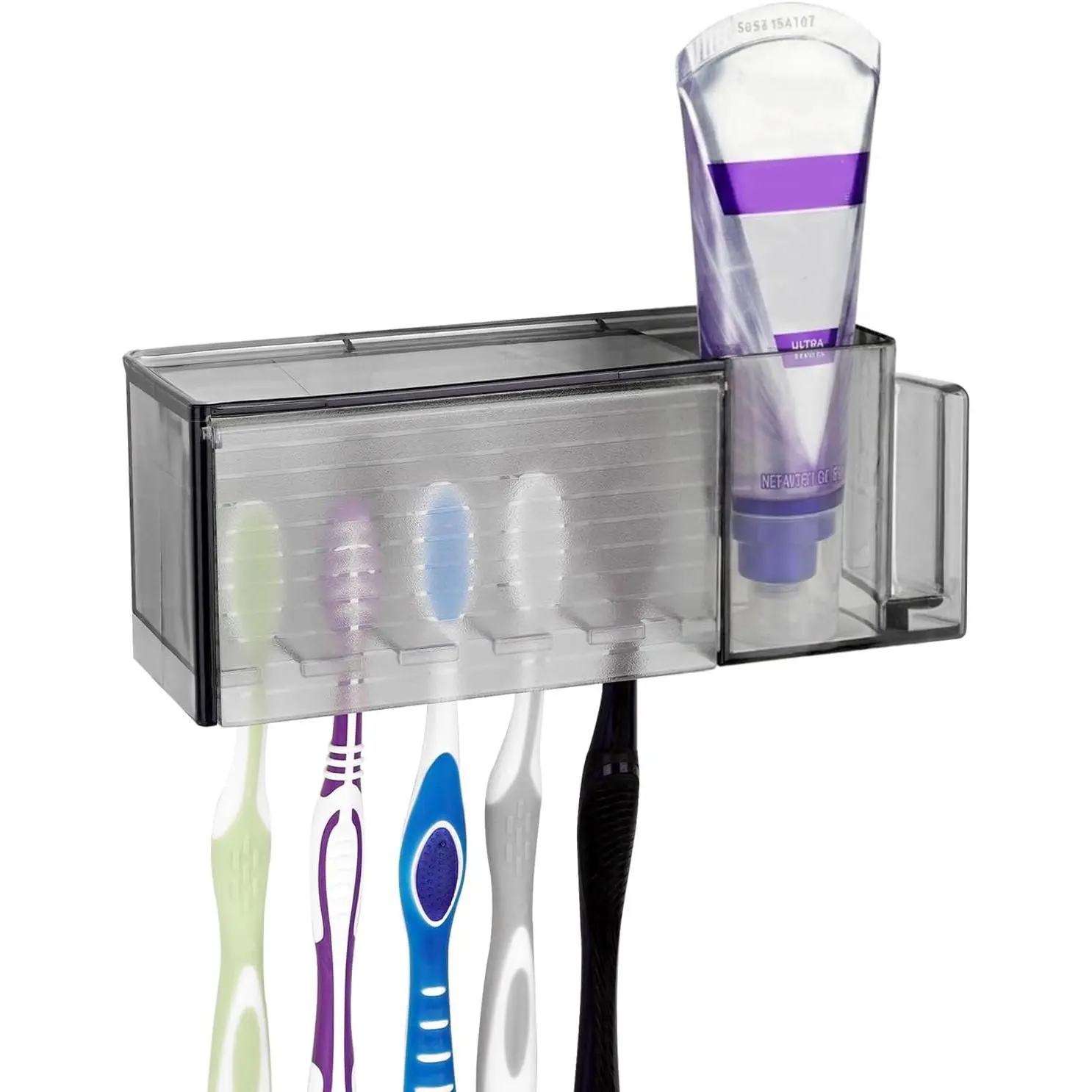 5 Slots Wall Toothbrush Holder with Cover for, Organizer for Toothpaste, Gargle Cup, Compatible with  Action, Renewal (Gray)