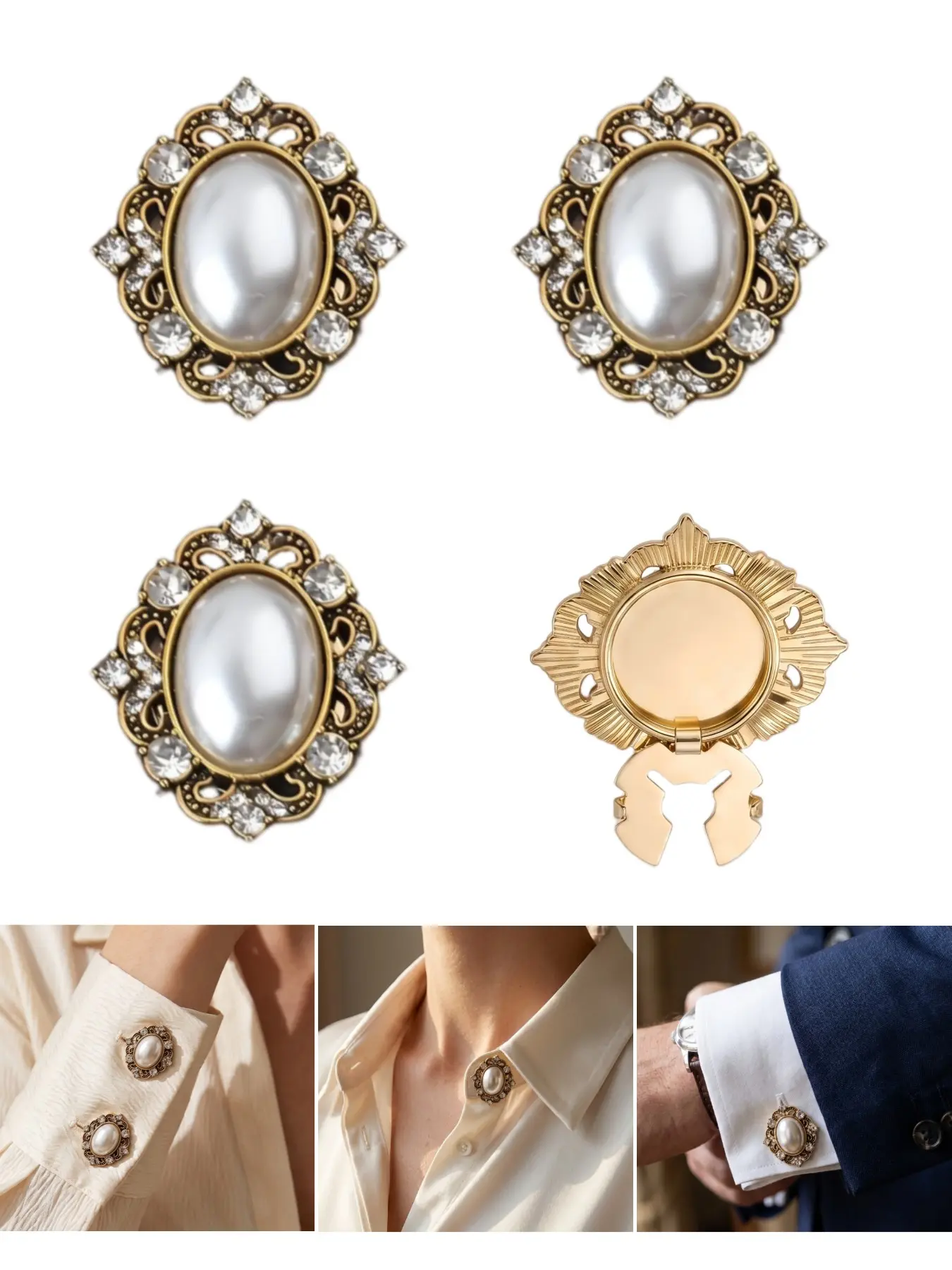 4 Pcs Oval Pearl Rhinestone Button Set, Vintage Copper Pattern Shirt Buttons, Clip-On Reusable Sleeve Buttons, DIY Fashion Decor