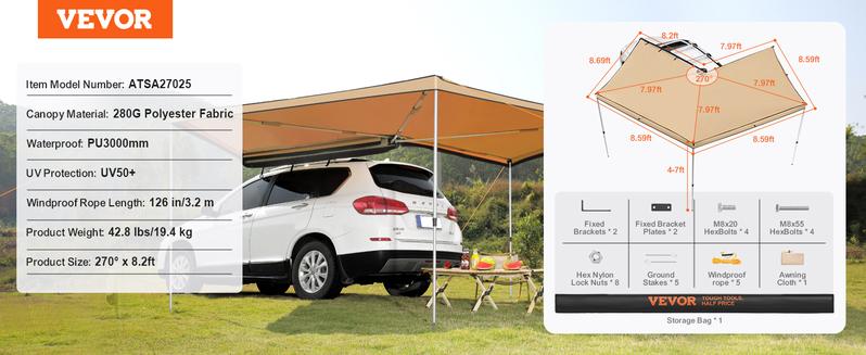 TikTokShopBlackFriday  VEVOR 270 Degree Vehicle Overland Awning, Free Standing, Driver Side Waterproof Car Shelter, UV50+ Vehicle Awning for SUV Truck Van -Ultimate Sun Protection 270LTE