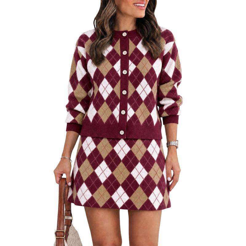TANKANEO Women's 2-Piece Matching Acrylic Blend Sweater Set - Long Sleeve Button-Down Cardigan, Mini Skirt, Loose Fit, Machine Washable, Casual Daily Wear Skirts for Women