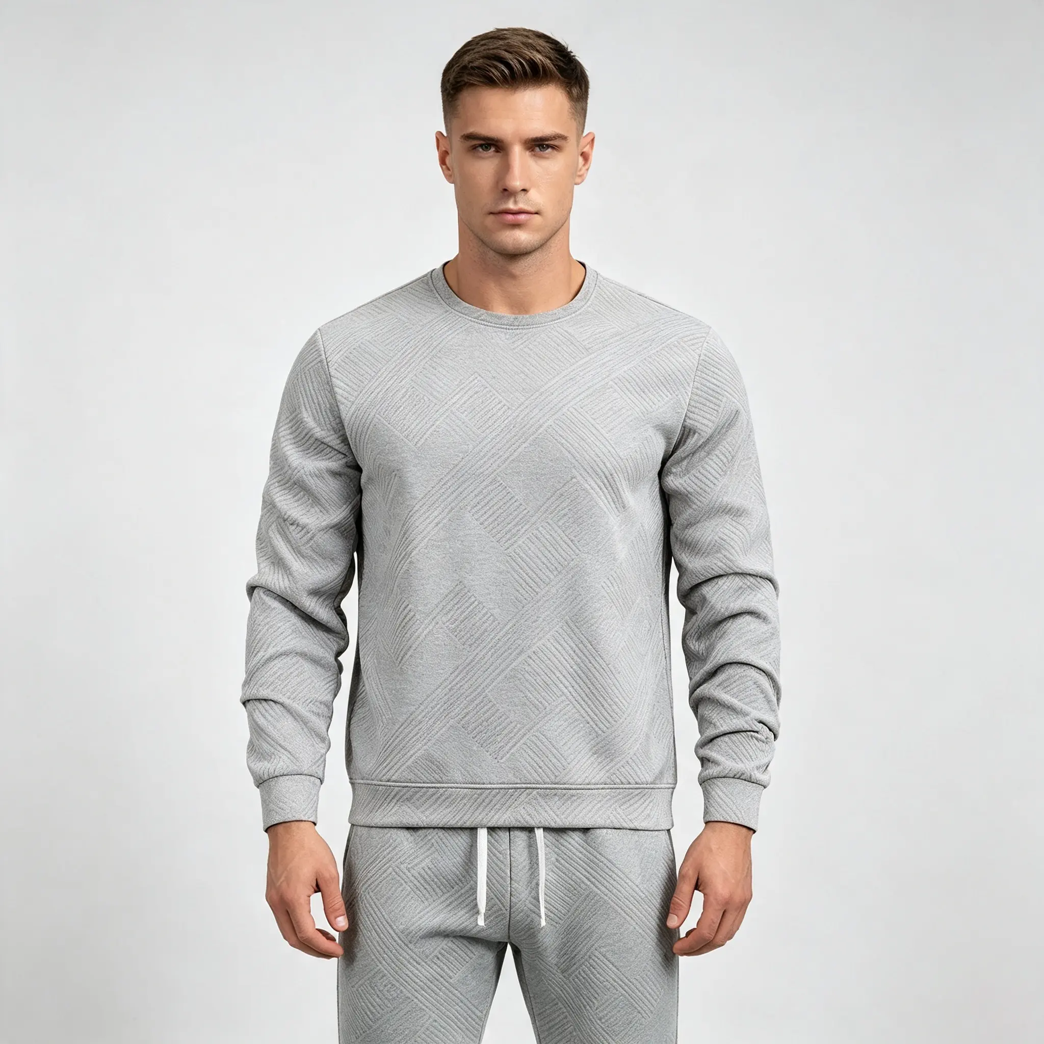 Men diamond jacquard texture tracksuit long sleeve crew neck sweatshirt and drawstring jogger pants two piece outfit soft comfy fabric great for autumn winter daily commuting casual outing relaxed wearing experience