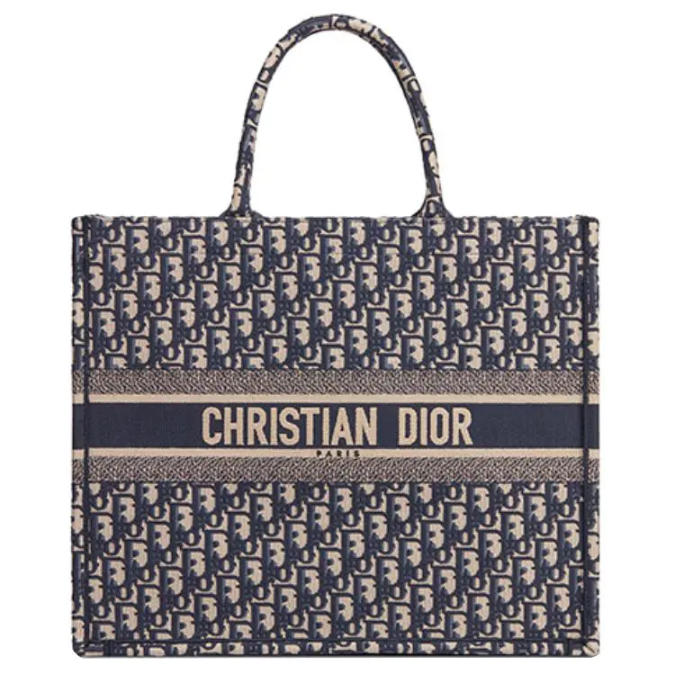 Dior Book Tote Hand-Embroidered Monogram Canvas Tote Bag for Women, Denim Blue