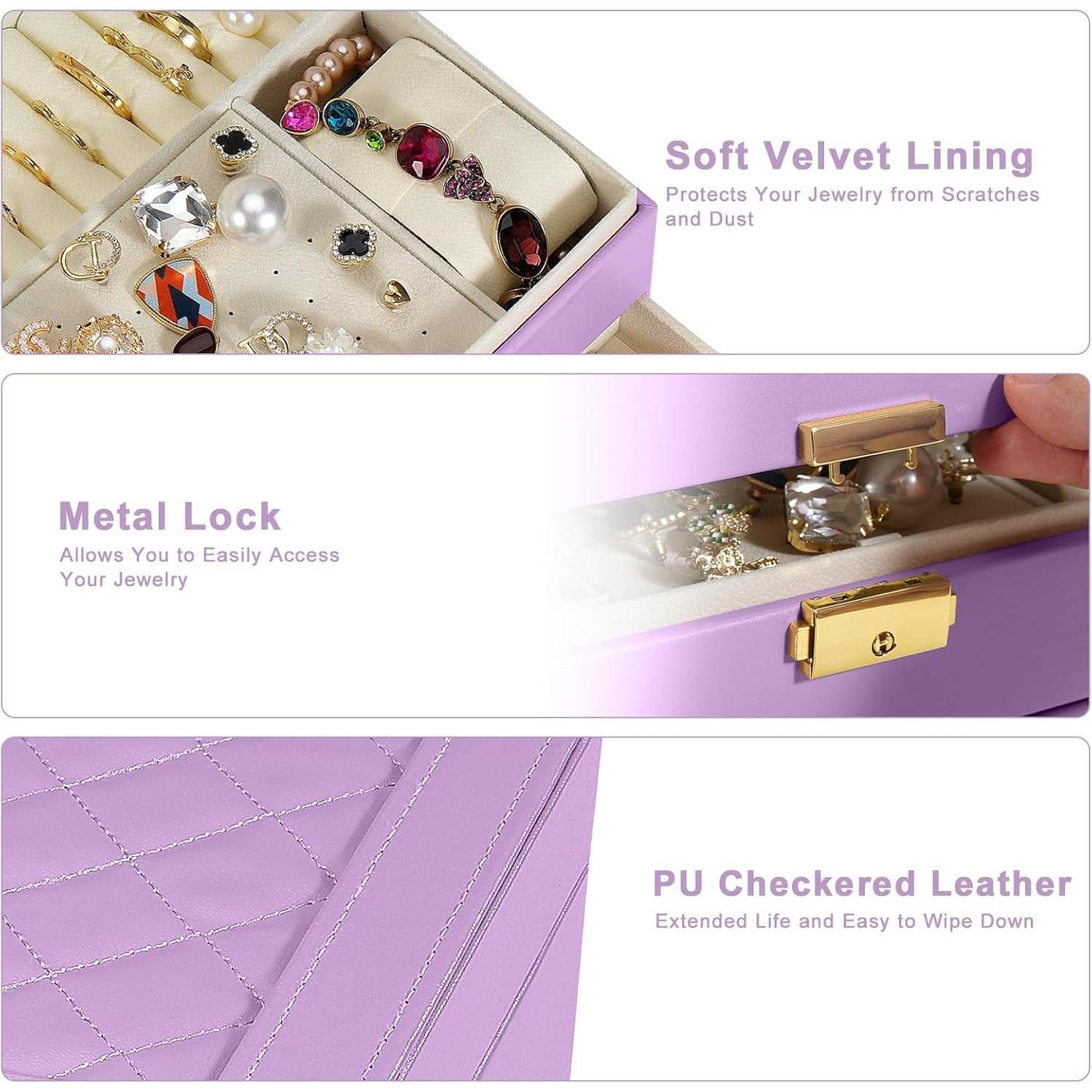 2-Layer  Box for Women Girls,  Organizers and Storage with Removable  Tray,  Quilted Top Lockable  Holder  Idea Light Purple