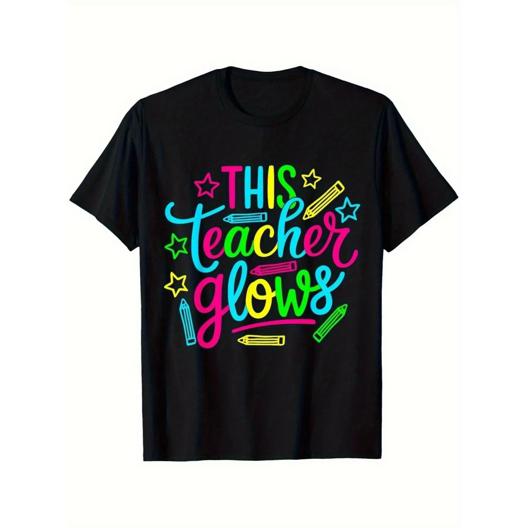 Glow-in-the-Dark Neon Teacher T-Shirt - Casual Streetwear Short-Sleeve, 80s-90s Retro Glow Party Outfit, Comfortable Breathable All-Season Loose Round Neck Tee for Men & Women (S-XXL), Themed Events Nostalgic Glowtooth, Shortsleeve