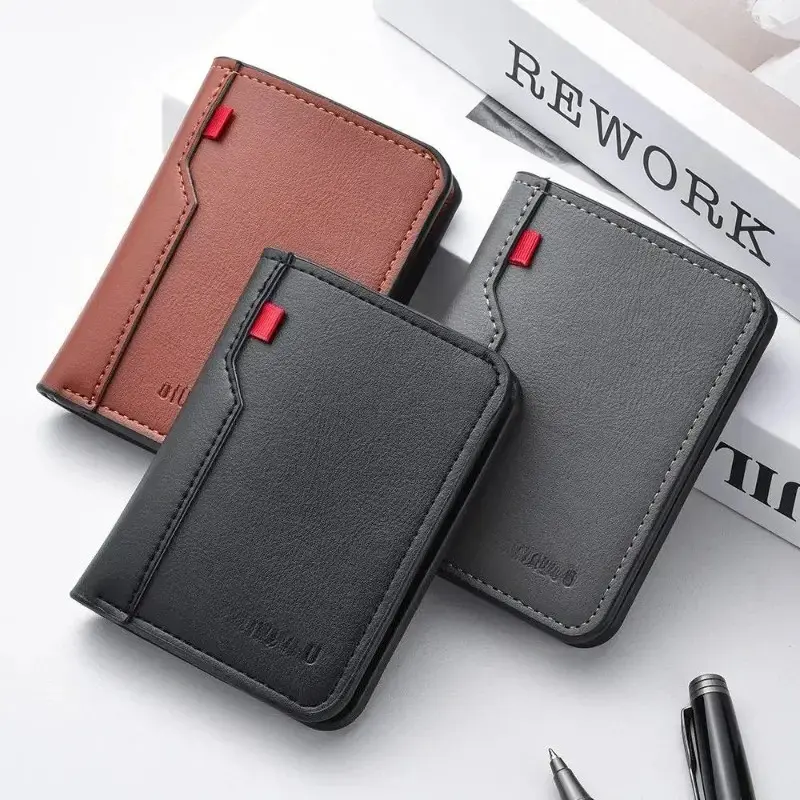 Men Ultra Slim PU Leather Wallet Mini Vertical Credit Card Holder Lightweight Daily Carry Purse