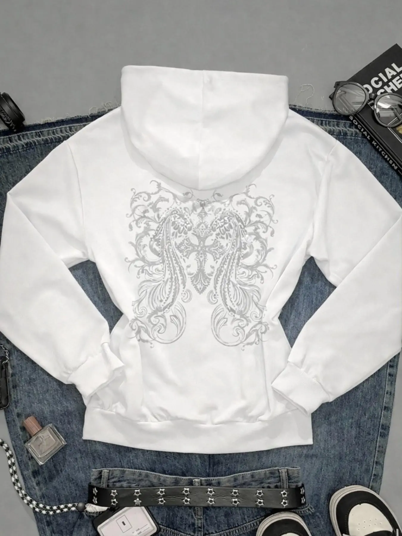 Vintage Punk Zipper Long Sleeve Hooded Jacket, Baroque Print Design, Casual Loose-Fit for Fall & Winter, Stylish Streetwear