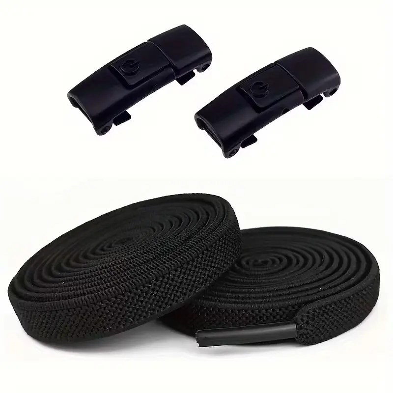 1 set of black flat elastic slip-on shoelaces with press-down locking mechanism. These lazy shoelaces are suitable for both children and adults. The durable elastic shoelaces are suitable for use in sports shoes, canvas shoes and casual shoes.