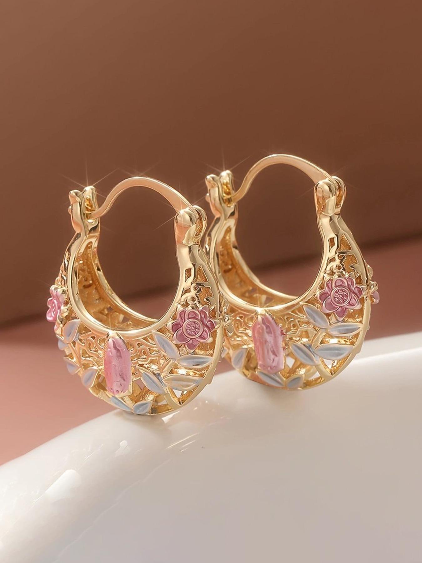 Vintage Flower Design Hollow Out Hoop Earrings, Fashionable Jewelry Accessories for Women, Trendy All-match & Exquisite Jewelry for Birthday Gift, Trendy Jewellery Accessories