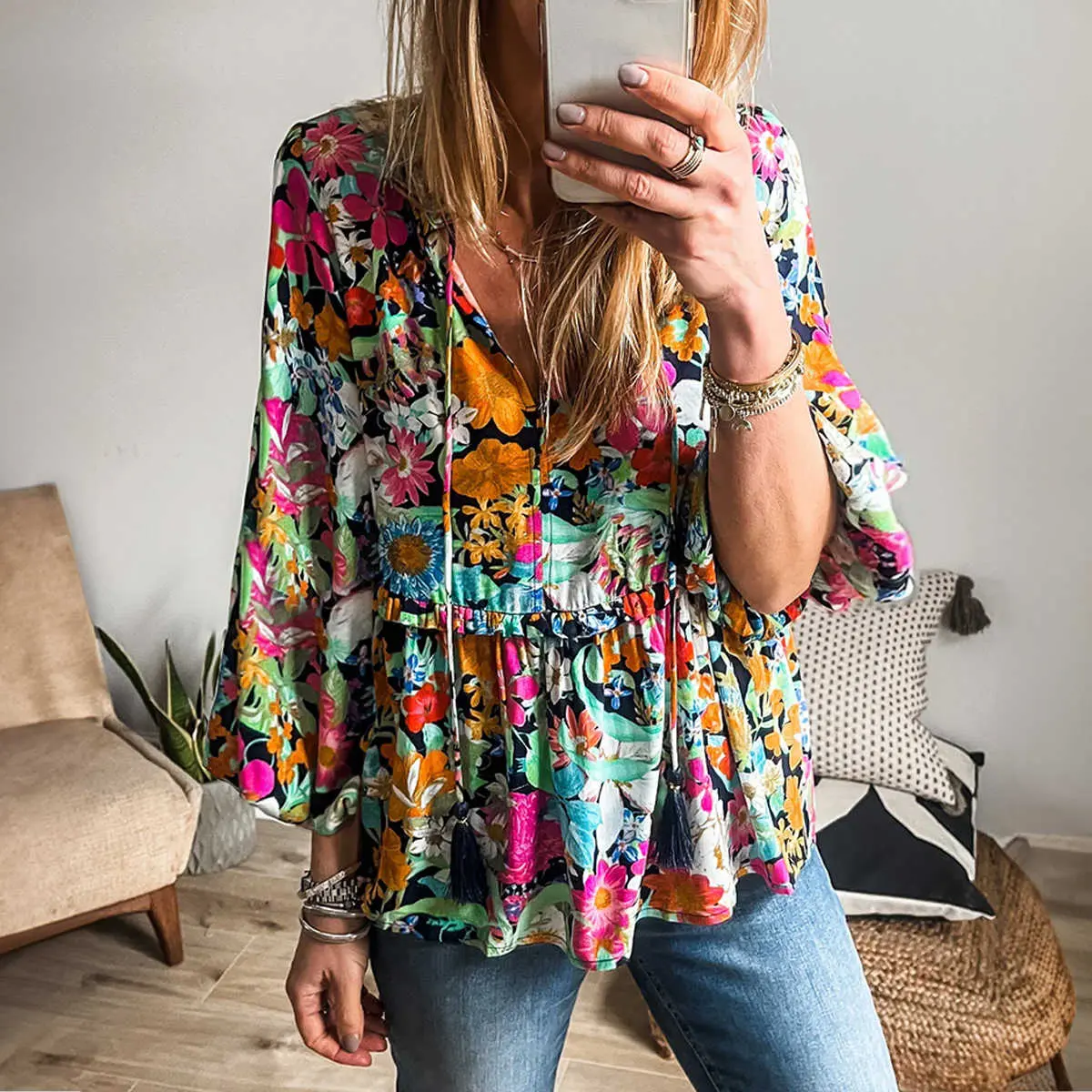 Multicolour Floral Print Bubble Sleeve V Neck Ruffled Blouse