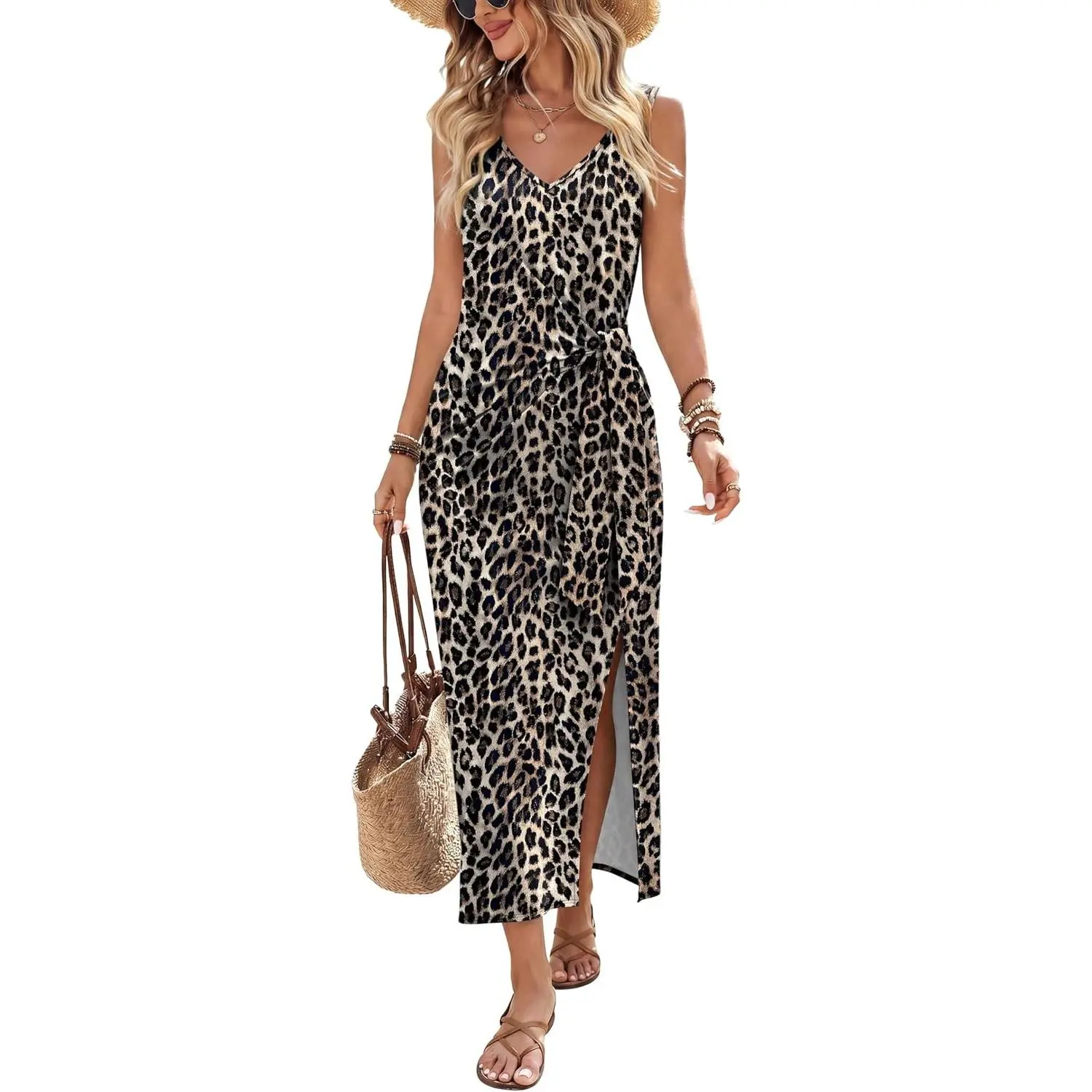 2026 Women's Summer Midi Dresses – V Neck Sleeveless Casual Elegant Long Dress with Tie Waist, Flowy A-Line, Lightweight Comfortable Work Party Daily WearGift