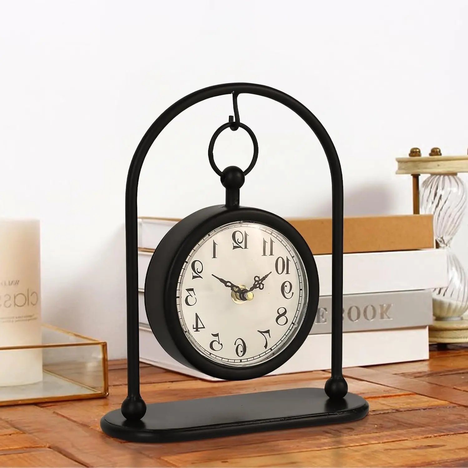 Vintage Metal Farmhouse Table Clock, Small Black Silent Non-Ticking Battery Operated Desk Shelf Clock for Home Kitchen Living Room Bedroom DecorGift