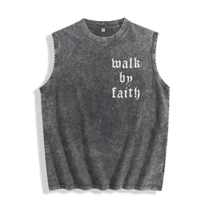 Christian Graphic Tank Top, "Walk by Faith" Religious Cross Sleeveless Vest, Vintage Wash Aesthetic Streetwear, Inspirational Faith Apparel.