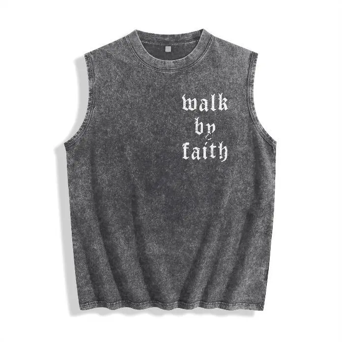 Christian Graphic Tank Top, "Walk by Faith" Religious Cross Sleeveless Vest, Vintage Wash Aesthetic Streetwear, Inspirational Faith Apparel.