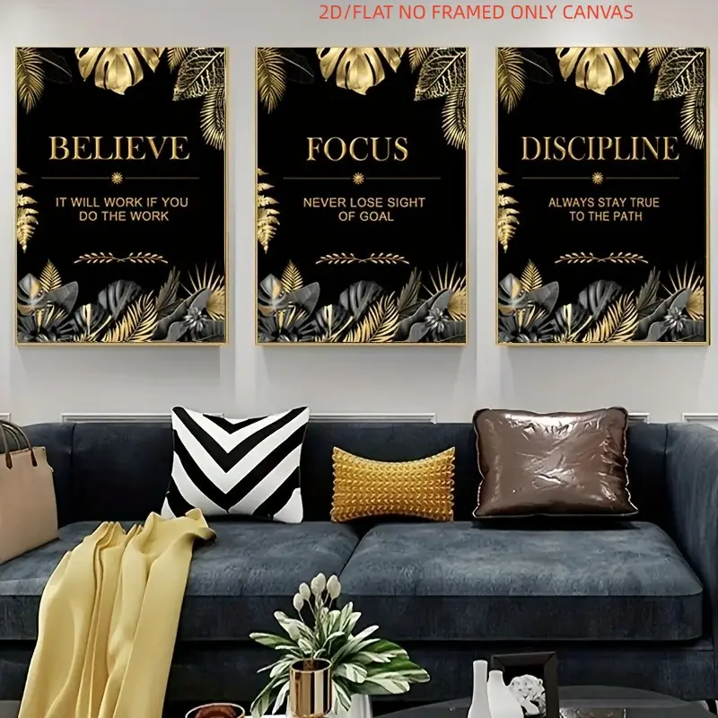 3Pcs Decorative Waterproof Wood-Framed 2D Printing Motivational Canvas Painting Wall Decor Set - Faith, Concentration, Self-Discipline Themes, for Living Room, Bedroom, Ideal Birthday, Housewarming Gifts, Birthday Gift