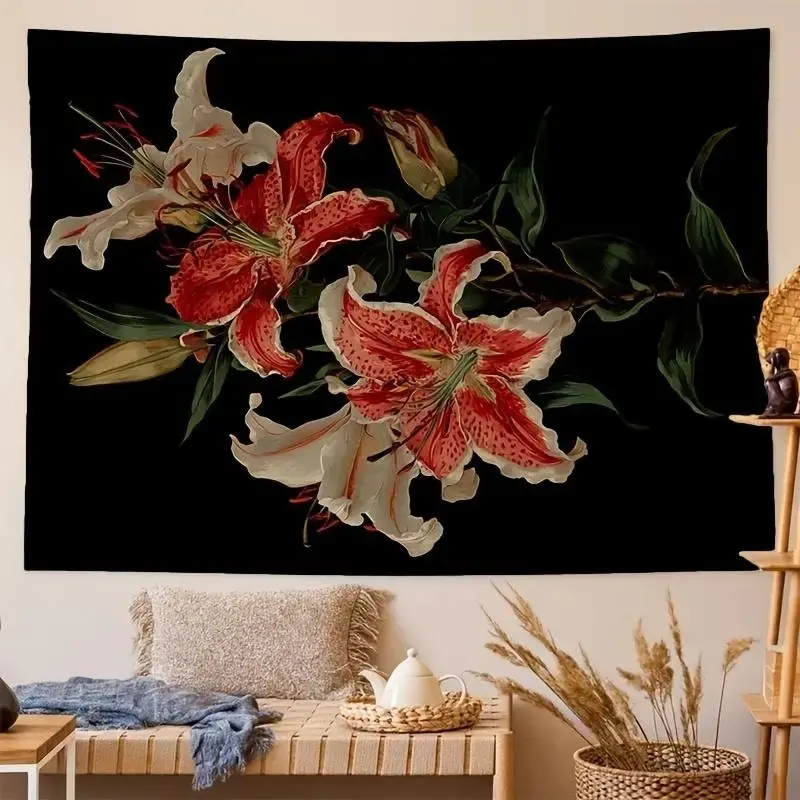A black background vintage lily pattern, Flower pattern tapestry, with a horizontal design, made of 90gms polyester fabric, suitable for home decoration, comes with installation package